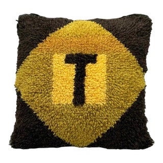 Mid-Century Modern Carpet Pillow Cover Kitsch Cushion 1970s Initial T Throw For Sale