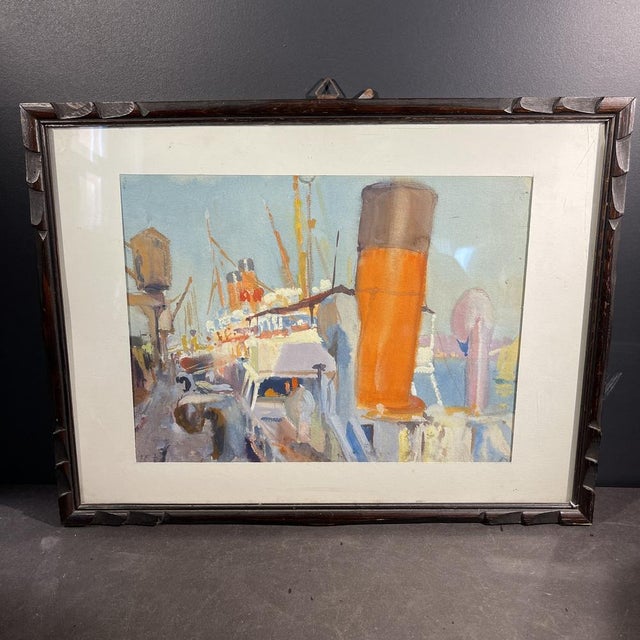 Jules Van De Leene, Marine Liner at Dock, 1920s, Gouache For Sale - Image 11 of 12