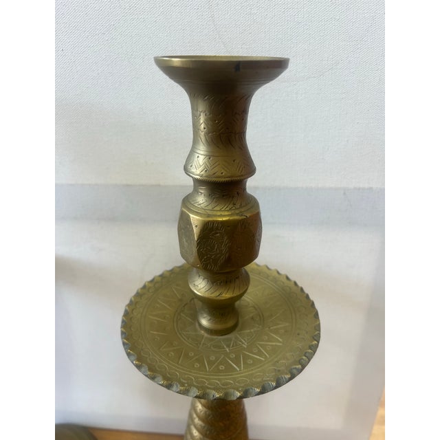 1920s 1920s Pair of Moroccan Large Solid Brass Candlesticks For Sale - Image 5 of 9