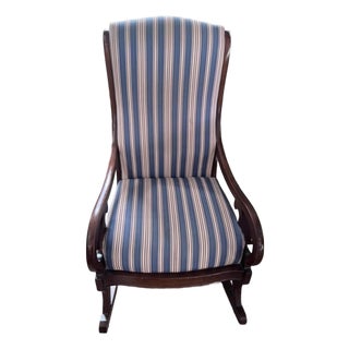 Vintage Mahogany Rocking Chair - Red White & Blue Stripe Upholstery For Sale