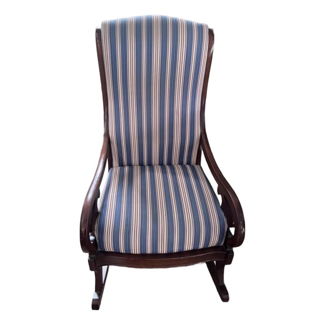 Vintage Mahogany Rocking Chair - Red White & Blue Stripe Upholstery For Sale