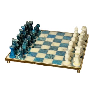 Chinese Stone Chess Set on Brass Framed and Footed Board in Blue and White, 1960s For Sale