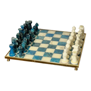 Chinese Stone Chess Set on Brass Framed and Footed Board in Blue and White, 1960s
