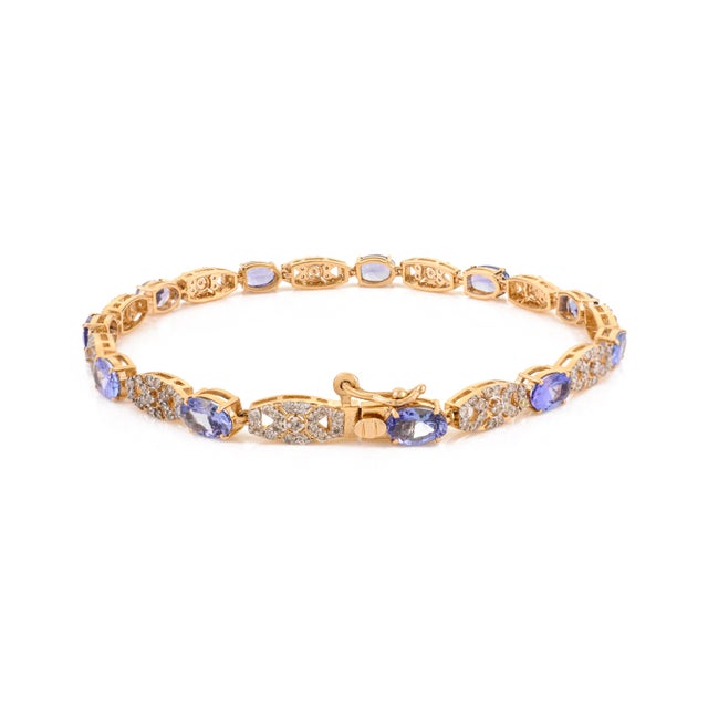 Metal 5.14 Ct Tanzanite & Diamond Floral Link Tennis Bracelet in 14k Solid Yellow Gold For Sale - Image 7 of 12