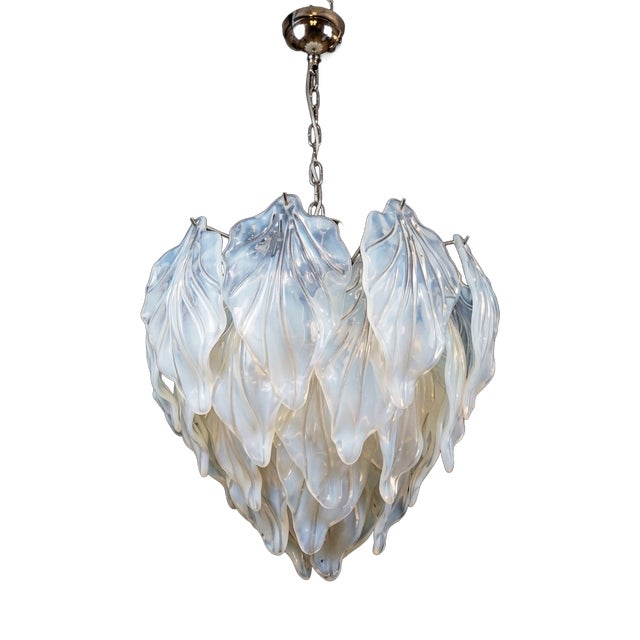 Vintage Opal Leaf Chandelier in Murano Opal Glass, 1980 For Sale