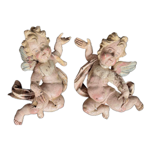 German Baroque Painted Wood Angel Sculptures, a Pair