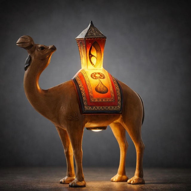 Mid-Century Modern Vintage Mid-Century Modern Orientalist Hand-Painted Camel Skin Saddle Table Lamp For Sale - Image 3 of 5