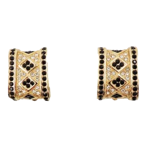 Vintage 1980s Signed Ciner Goldtone Faux-Onyx & Clear Rhinestone Clip Earrings - 2 Pieces