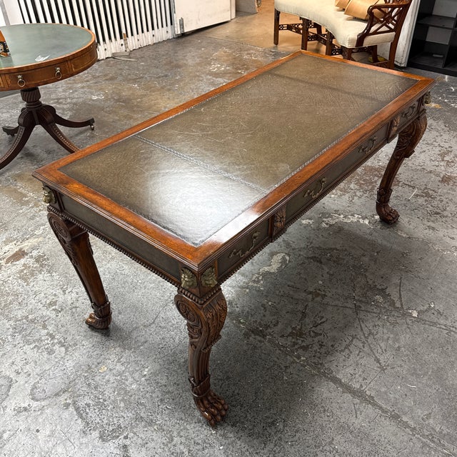 Late 20th Century Chippendale Revival Leather Top Writing Desk, Vintage For Sale - Image 5 of 12
