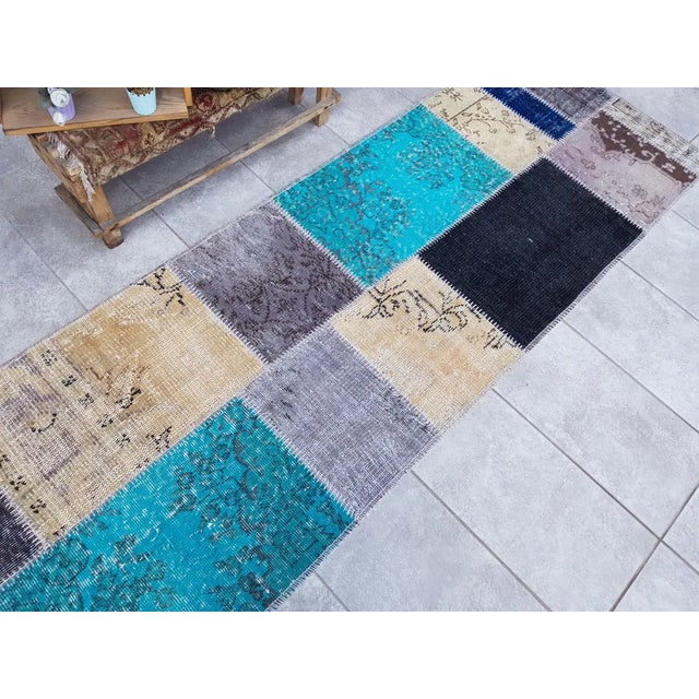 Beige & Blue Vintage Runner Rug For Sale - Image 4 of 10