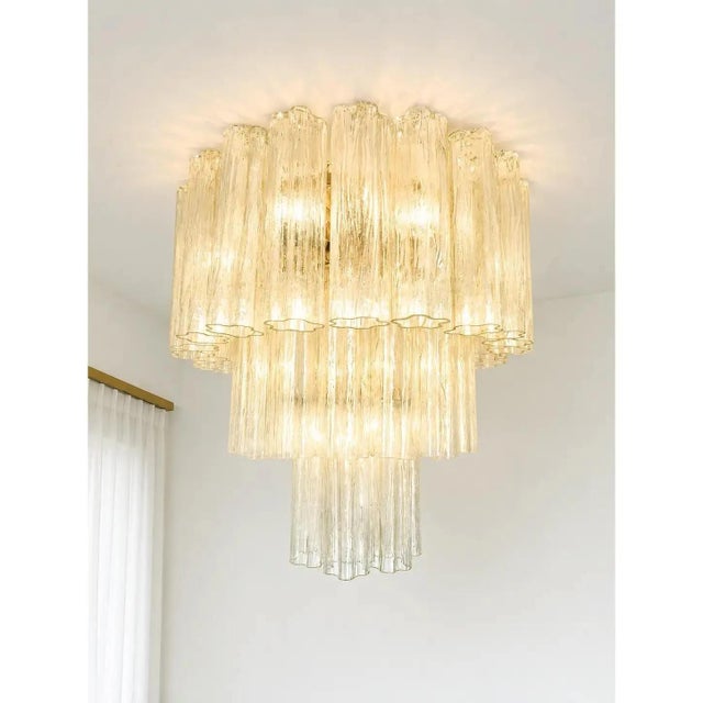 Scenographic italian hand-made flush mount with clear “tronchi”in old-crystal color , elements of murano glass. elegant...