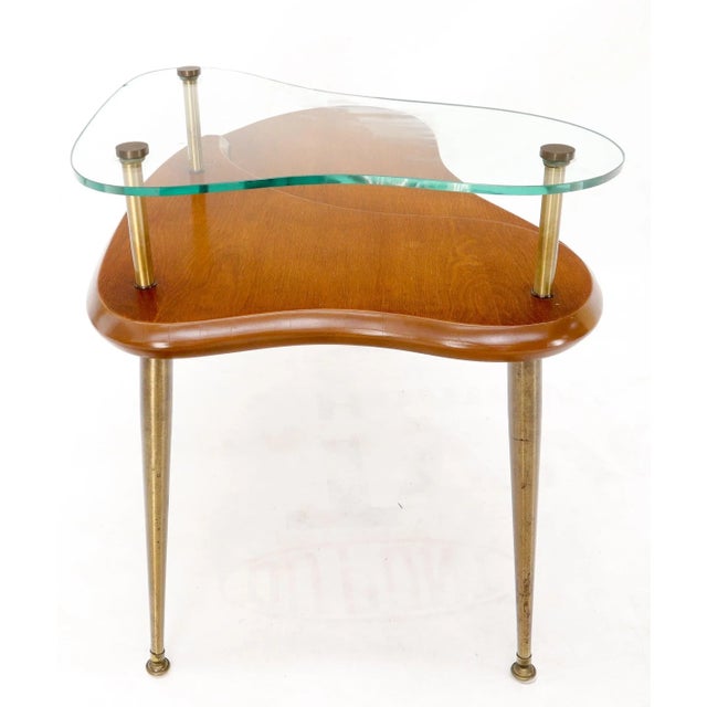 Kidney Comma Shape Two Tier Glass Walnut & Brass Conical Leg Coffee Side Table For Sale - Image 9 of 12