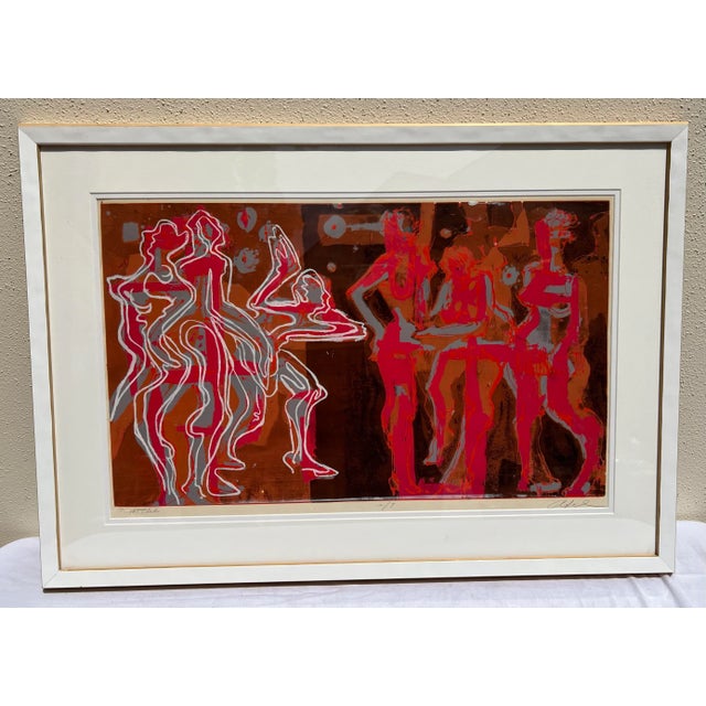 Vintage Pop Art lithograph in vibrant colors of neon pink, fuchsia, coral, black, brown, and white. This piece is called “...