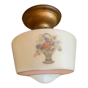 Cased Glass Floral Basket Pattern on Old Brass Flushmount Fixture, Circa 1920