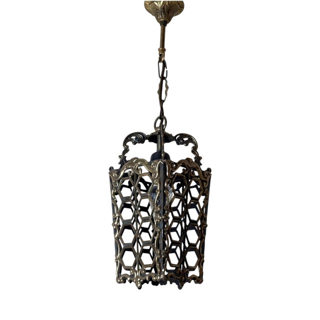 European Hollywood Regency Patinated Brass Openwork Lantern Pendant Light, 1970s For Sale