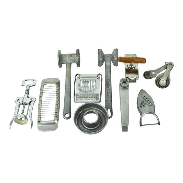 Mid 20th Century Set of 10 Eclectic Aluminum & Chrome Kitchen Utensil Tools Collection - Usa, Italy, Switzerland For Sale