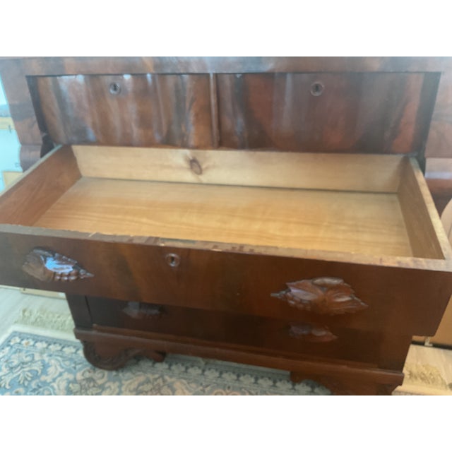 Wood 1840s Hardwood Chest of Drawers. American Empire Period. S-Shaped Scroll Pillars. Handcarved Fruit and Leaf Wooden Pulls. For Sale - Image 7 of 15