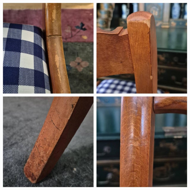 Wood Early 20th Century Duncan Phyfe Style Rose Carved Mahogany Side Chair Blue Gingham For Sale - Image 7 of 9