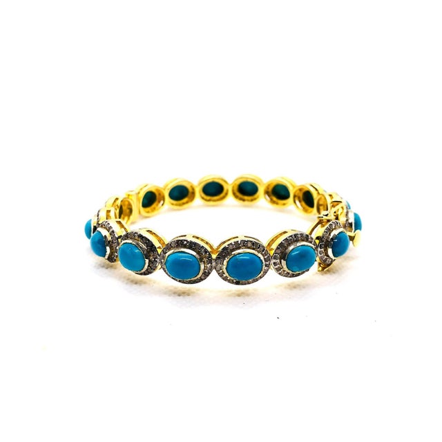 Sky Blue Bochic “Capri” Vintage Natural Diamond & Turquoise Bracelet Set In 18K & Silver For Sale - Image 8 of 12