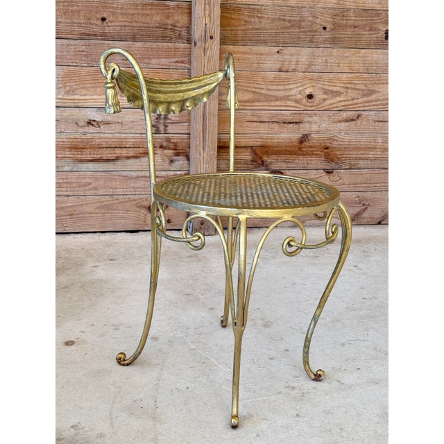 Mid 20th Century Vintage Hollywood Regency Gilt Metal Vanity Chair With Tassel Swag Detail For Sale - Image 5 of 10