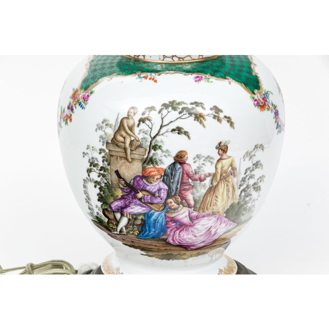 Early 20th Century Antique Continental Hand-Painted Porcelain Baluster Jar Table Lamp | Watteau Figural Scenes | C. 1890 For Sale - Image 5 of 12