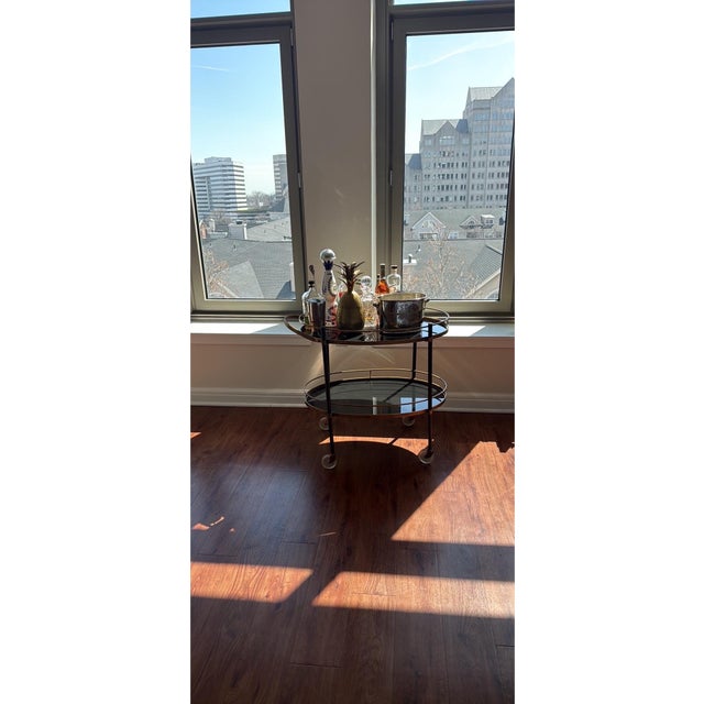 Vintage Hollywood Regency Style Brass & Glass Bar Cart – Two Tier Oval With Casters For Sale - Image 4 of 5