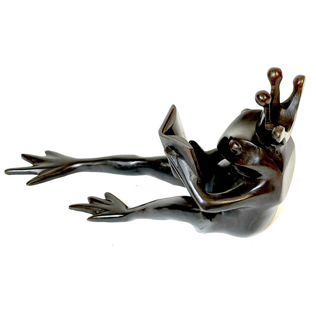 Mid-Century Modern Pair Patinated Bronze Reclining Frog Prince Reading Book Bookends, Late 20th C. For Sale - Image 3 of 12