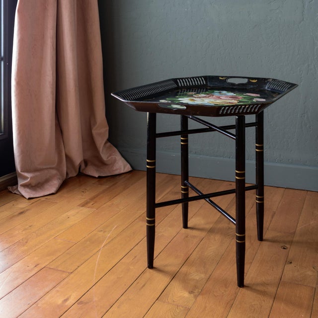 Black Black and Floral Toleware Tray Table For Sale - Image 8 of 12
