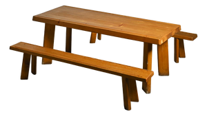 Dining Table and Benches in Larch Wood attributed to Christian Durupt, 1960, Set of 3
