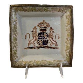 Vintage Hermes Style Double Lion Crest Porcelain Brass Footed Change Tray/ Catchall For Sale