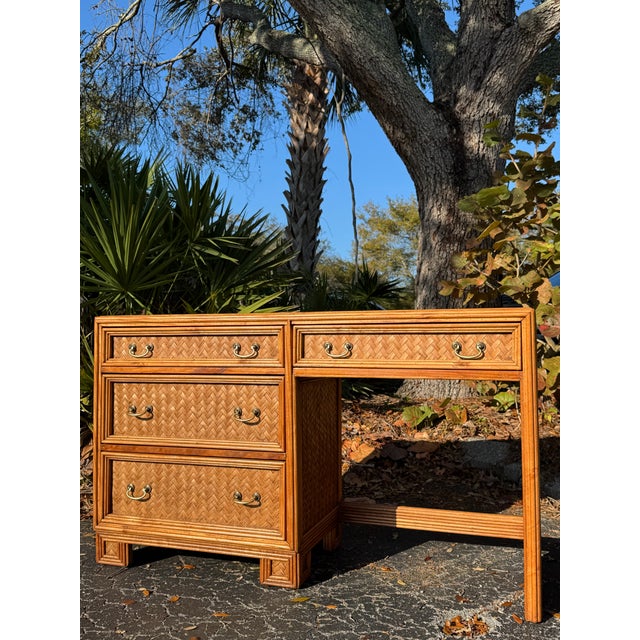 Vintage Whitecraft Bamboo & Rattan Writing Desk With Glass Top For Sale In Tampa - Image 6 of 6