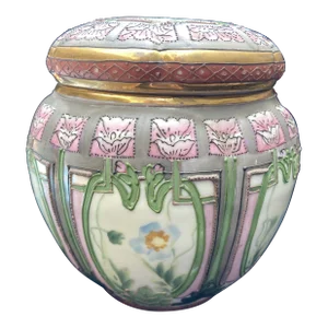 Antique Nippon Art Deco Hand Painted Moriage Humidor Jar With Lid, Marked Morimura Blue Maple