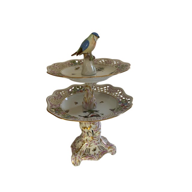 Traditional 1960s Herend Rothschild Bird 2-Tier Openwork Porcelain Cake Stand Figural Bird Finial Model 7442 For Sale - Image 3 of 4