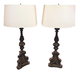 Antique Italian Polychrome Pricket Table Lamps - A Pair