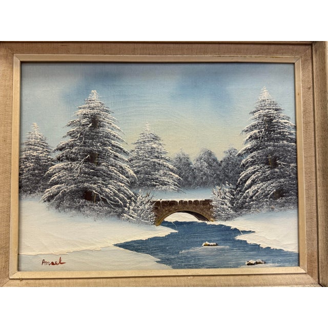 50's Vintage Winter Landscape Oil on Canvas Original frame with blue detail on the wood