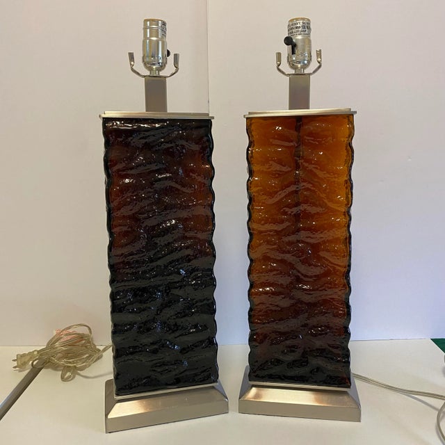 Mid-Century Modern Amber-Brown Textured Wavy Glass Table Lamps in the Mid-Century Modern Taste - A Pair For Sale - Image 3 of 12