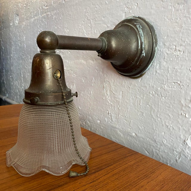 Industrial Antique Industrial Steel Wall Sconce With Holophane Glass Shade For Sale - Image 3 of 12