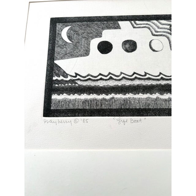 Ray Kerry linocut print titled "Skye Boat" from 1985. The print is a black and white artwork featuring a stylized boat...