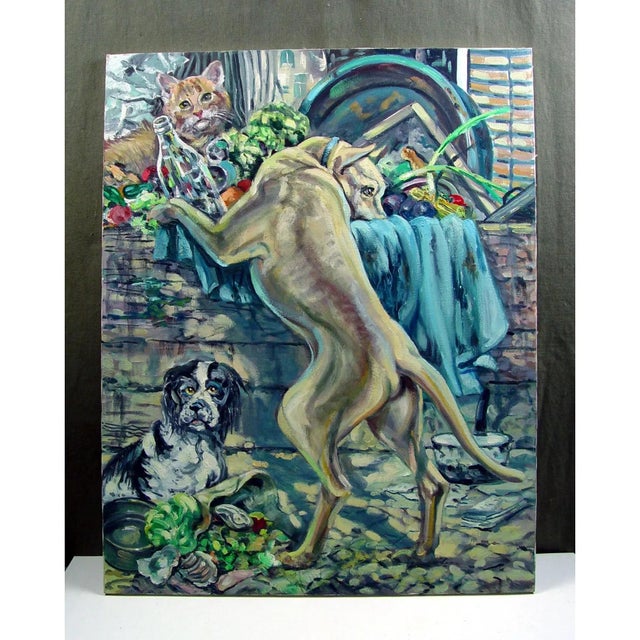 Late 20th Century Simon Michael Cityscape Dogs and Cat Painting For Sale - Image 4 of 4