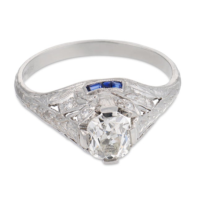 Art Deco 1930s Art Deco Gia 1.02 Carat Diamond Sapphire Platinum Engagement Ring, Size 9 For Sale - Image 3 of 8