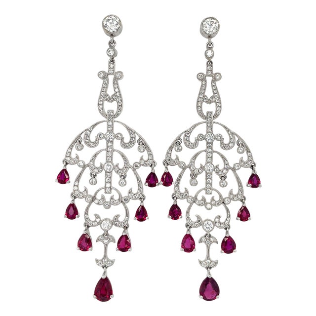 Unheated Ruby and Diamond Chandelier Earrings, Pair For Sale