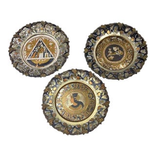 Vintage Egyptian Metal Wall Plates-3pc-Etched Brass Art-Hanging Decor-Pharaoh For Sale