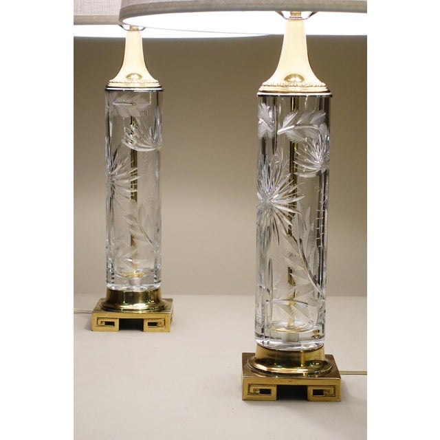Dresden Porcelain 1960s Matched Pair Large Dresden Hollywood Regency Cut Crystal Glass Brass Column Table Lamps - a Pair For Sale - Image 4 of 15
