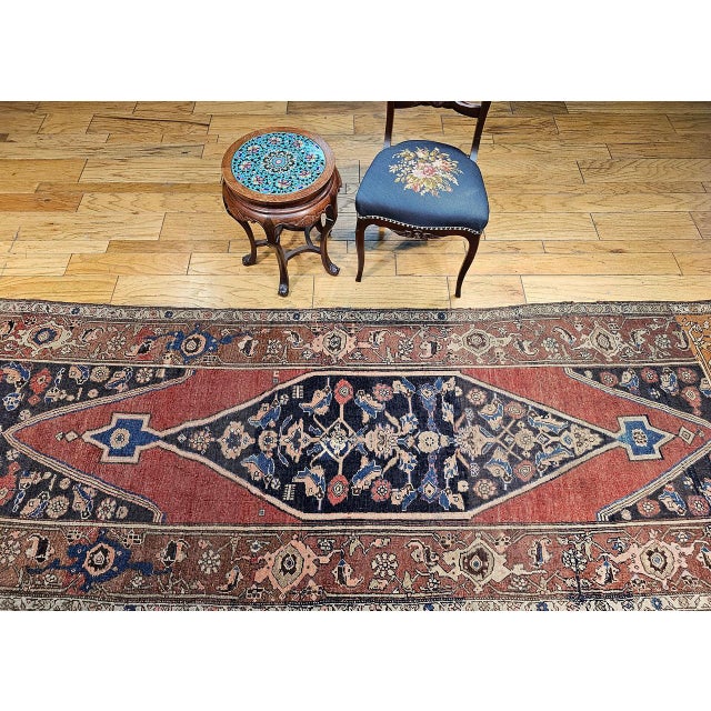 Antique Persian Bidjar Wide Runner, Hand-Knotted Wool, Geometric Pattern, Terracotta & Navy, 4x11 For Sale - Image 9 of 18