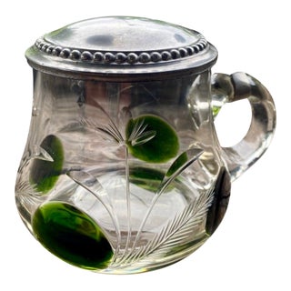 Antique German Jugendstil Glass Beer Stein With Green Applied Glass & Pewter Lid, Circa 1900 For Sale