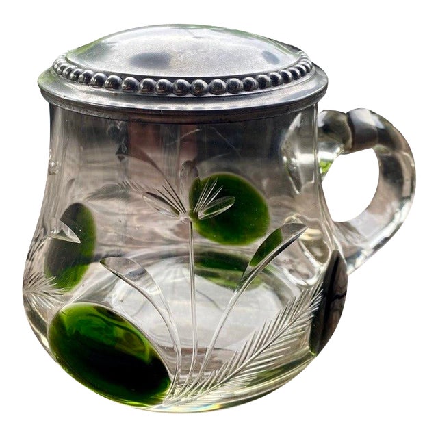 Antique German Jugendstil Glass Beer Stein With Green Applied Glass & Pewter Lid, Circa 1900 For Sale