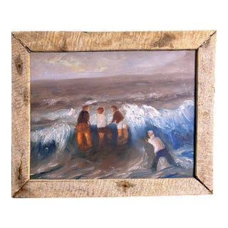 1990s Original Coastal Figural Seascape Oil Painting in Rustic Wood Frame, 18" For Sale