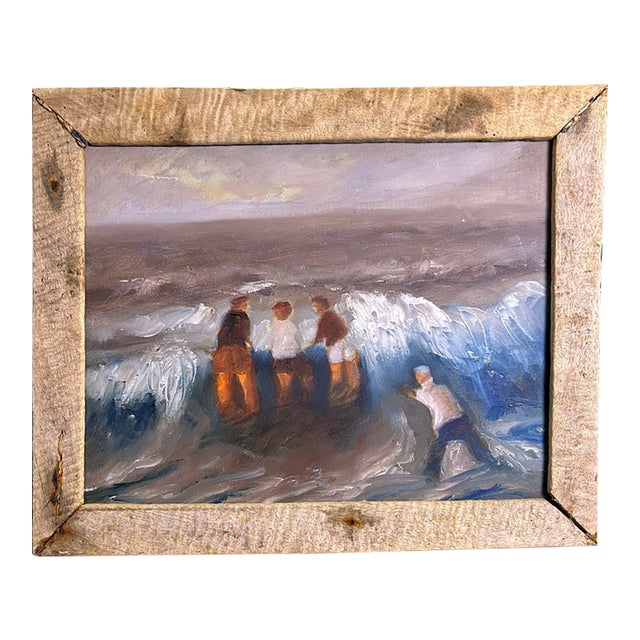 1990s Original Coastal Figural Seascape Oil Painting in Rustic Wood Frame, 18" For Sale
