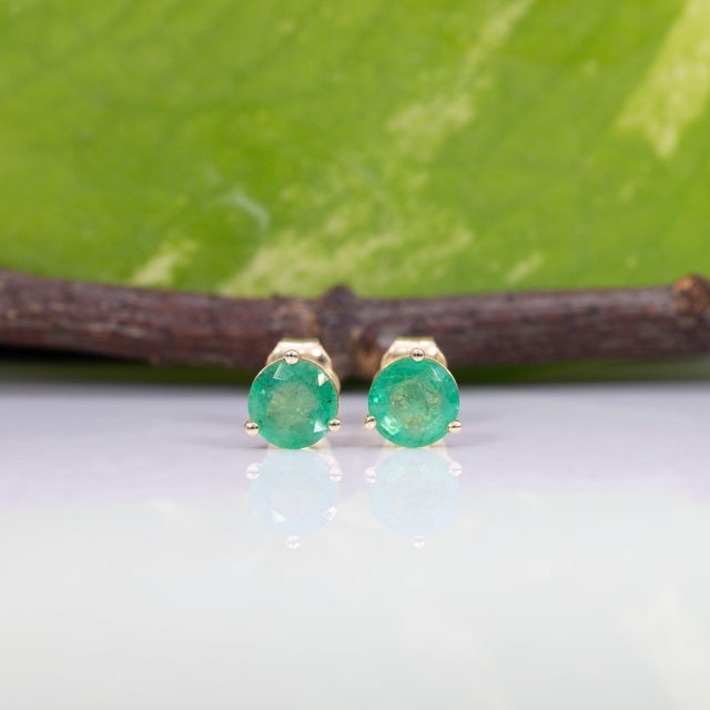 Modern Zambian Emerald Martini Solitaire Stud Earrings in Solid 14k Gold, Round 5mm, Pair For Sale - Image 3 of 7