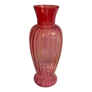 Contemporary Ribbed Cranberry Pink Glass Vase - 16 Inches Tall For Sale